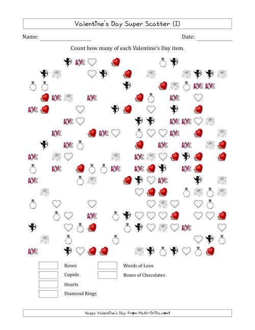 The Counting Valentines Day Items in Super Scattered Arrangements (About 50 Percent Full) (I) Math Worksheet