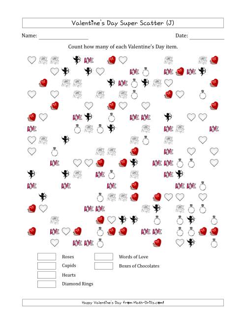The Counting Valentines Day Items in Super Scattered Arrangements (About 50 Percent Full) (J) Math Worksheet