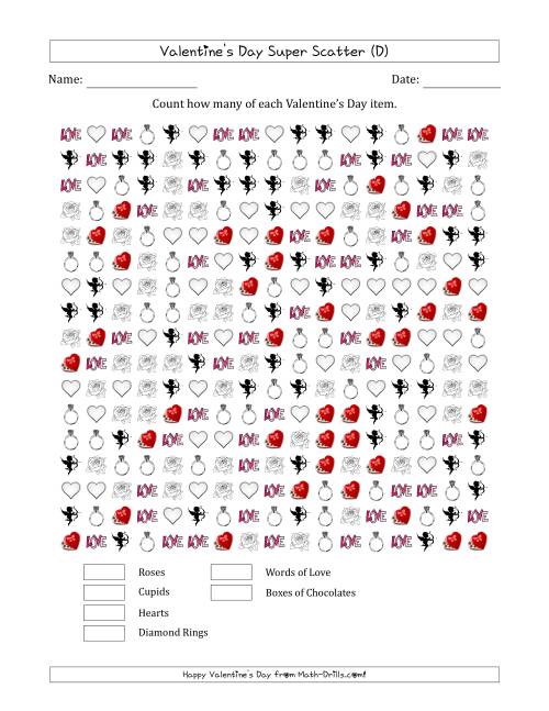 The Counting Valentines Day Items in Super Scattered Arrangements (100 Percent Full) (D) Math Worksheet