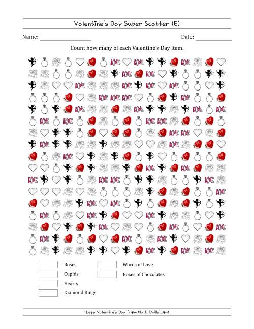 The Counting Valentines Day Items in Super Scattered Arrangements (100 Percent Full) (E) Math Worksheet