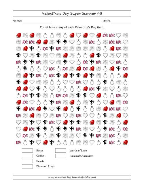 The Counting Valentines Day Items in Super Scattered Arrangements (100 Percent Full) (H) Math Worksheet