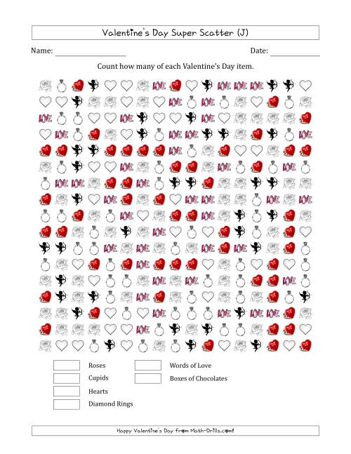 The Counting Valentines Day Items in Super Scattered Arrangements (100 Percent Full) (J) Math Worksheet