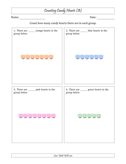 The Counting Candy Hearts in Horizontal Linear Arrangements (A) Math Worksheet