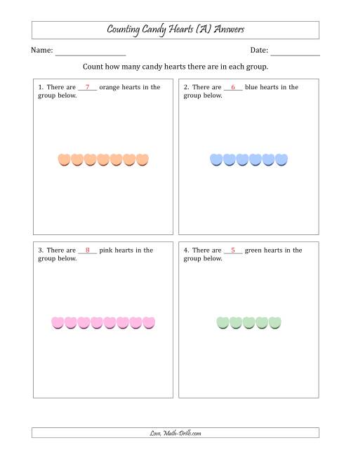 The Counting Candy Hearts in Horizontal Linear Arrangements (A) Math Worksheet Page 2