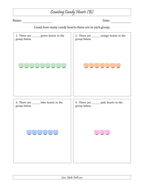 The Counting Candy Hearts in Horizontal Linear Arrangements (B) Math Worksheet