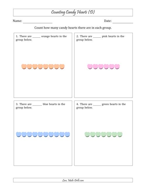 The Counting Candy Hearts in Horizontal Linear Arrangements (D) Math Worksheet