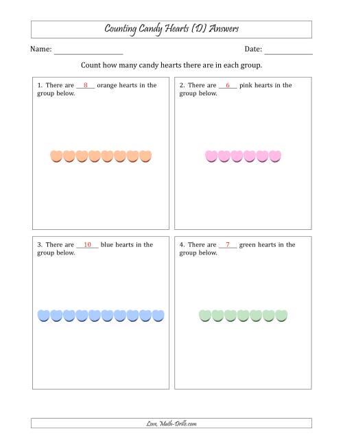 The Counting Candy Hearts in Horizontal Linear Arrangements (D) Math Worksheet Page 2