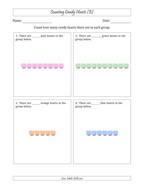 The Counting Candy Hearts in Horizontal Linear Arrangements (E) Math Worksheet