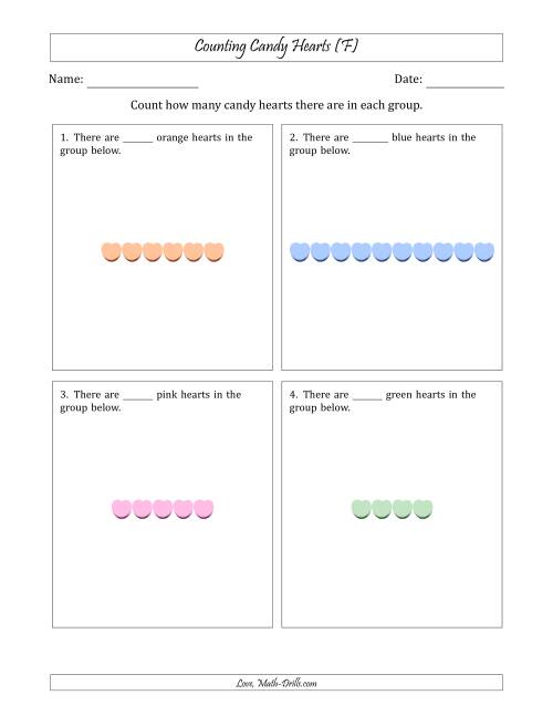 The Counting Candy Hearts in Horizontal Linear Arrangements (F) Math Worksheet