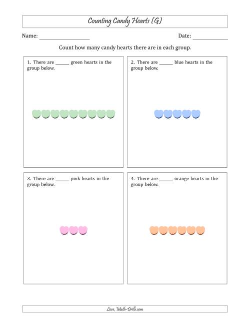 The Counting Candy Hearts in Horizontal Linear Arrangements (G) Math Worksheet