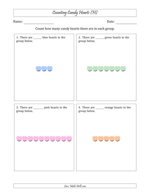 The Counting Candy Hearts in Horizontal Linear Arrangements (H) Math Worksheet
