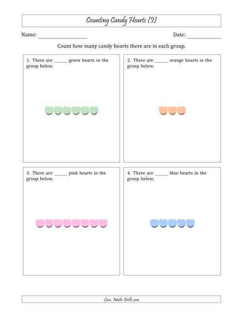The Counting Candy Hearts in Horizontal Linear Arrangements (I) Math Worksheet