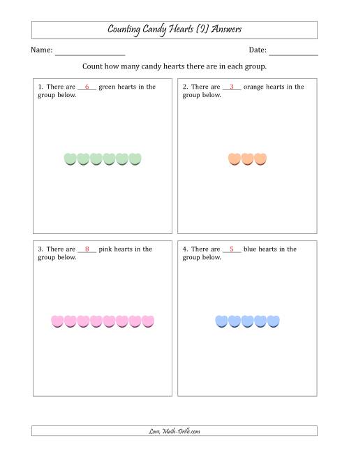 The Counting Candy Hearts in Horizontal Linear Arrangements (I) Math Worksheet Page 2