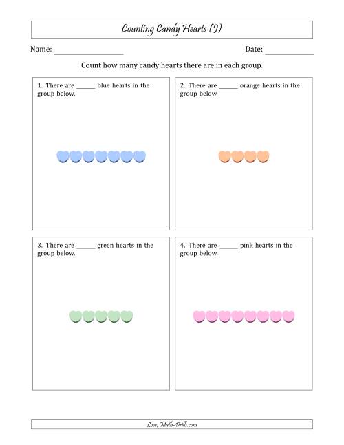 The Counting Candy Hearts in Horizontal Linear Arrangements (J) Math Worksheet