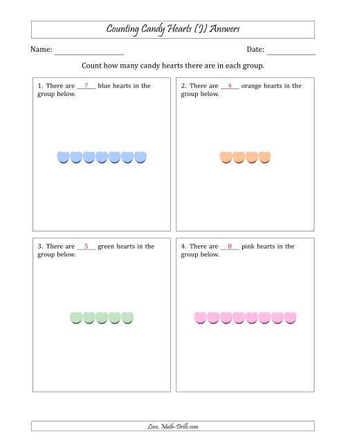 The Counting Candy Hearts in Horizontal Linear Arrangements (J) Math Worksheet Page 2