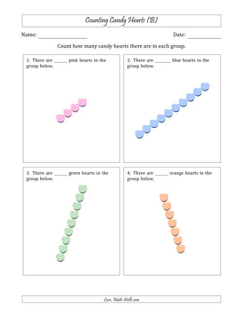 The Counting Candy Hearts in Rotated Linear Arrangements (B) Math Worksheet