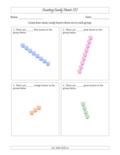 The Counting Candy Hearts in Rotated Linear Arrangements (C) Math Worksheet