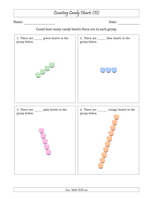 The Counting Candy Hearts in Rotated Linear Arrangements (D) Math Worksheet