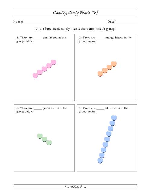 The Counting Candy Hearts in Rotated Linear Arrangements (F) Math Worksheet