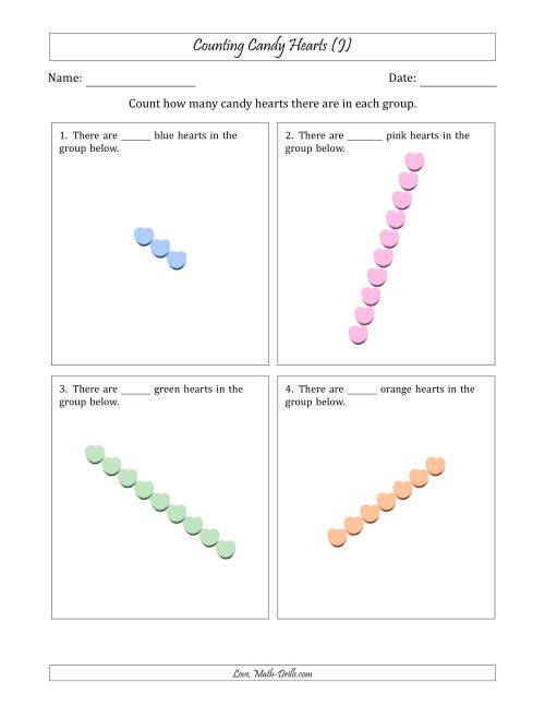 The Counting Candy Hearts in Rotated Linear Arrangements (J) Math Worksheet