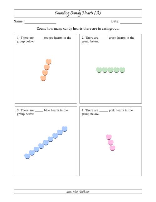 The Counting Candy Hearts in Rotated Linear Arrangements (All) Math Worksheet