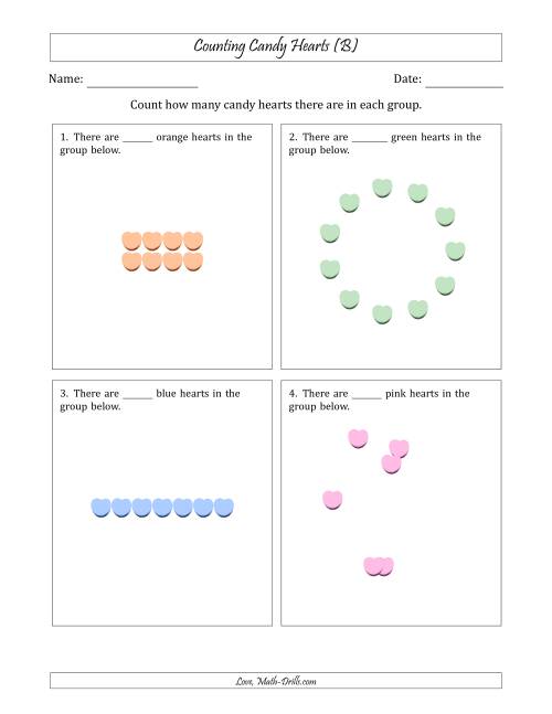 The Counting Candy Hearts in Various Arrangements (Easier Version) (B) Math Worksheet