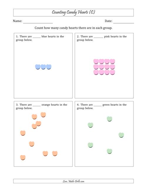 The Counting Candy Hearts in Various Arrangements (Easier Version) (C) Math Worksheet