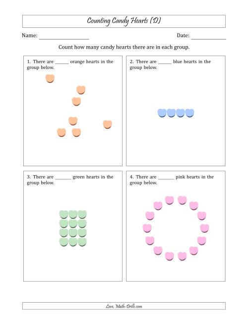 The Counting Candy Hearts in Various Arrangements (Easier Version) (D) Math Worksheet