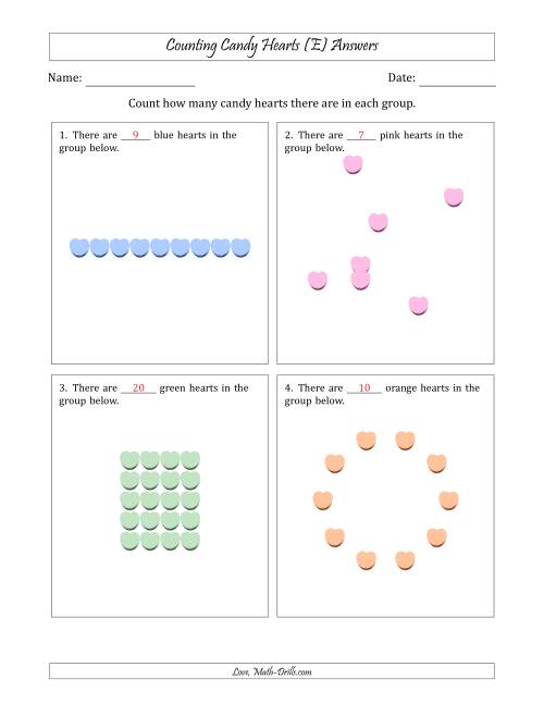 The Counting Candy Hearts in Various Arrangements (Easier Version) (E) Math Worksheet Page 2