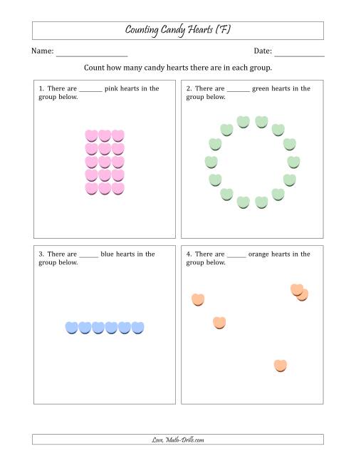 The Counting Candy Hearts in Various Arrangements (Easier Version) (F) Math Worksheet