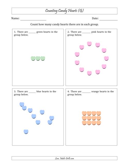 The Counting Candy Hearts in Various Arrangements (Easier Version) (G) Math Worksheet