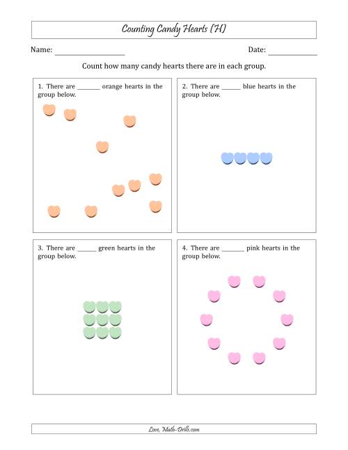 The Counting Candy Hearts in Various Arrangements (Easier Version) (H) Math Worksheet