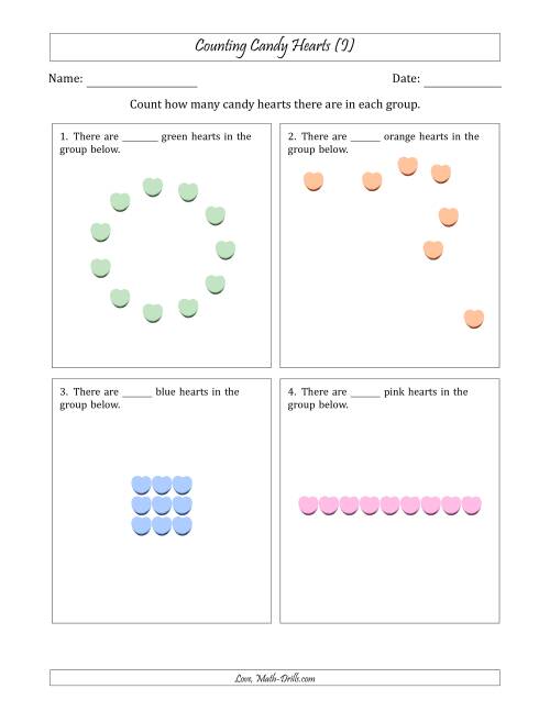 The Counting Candy Hearts in Various Arrangements (Easier Version) (I) Math Worksheet