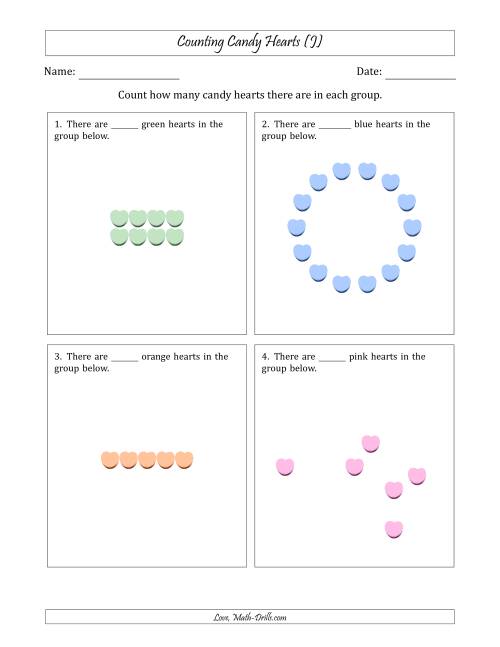 The Counting Candy Hearts in Various Arrangements (Easier Version) (J) Math Worksheet