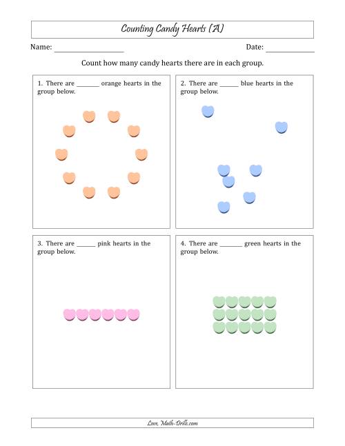 The Counting Candy Hearts in Various Arrangements (Easier Version) (All) Math Worksheet