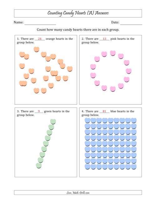 The Counting Candy Hearts in Various Arrangements (Harder Version) (A) Math Worksheet Page 2