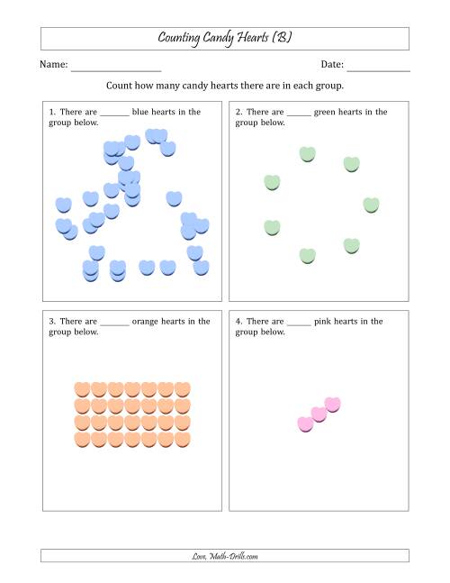 The Counting Candy Hearts in Various Arrangements (Harder Version) (B) Math Worksheet