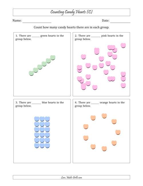 The Counting Candy Hearts in Various Arrangements (Harder Version) (C) Math Worksheet