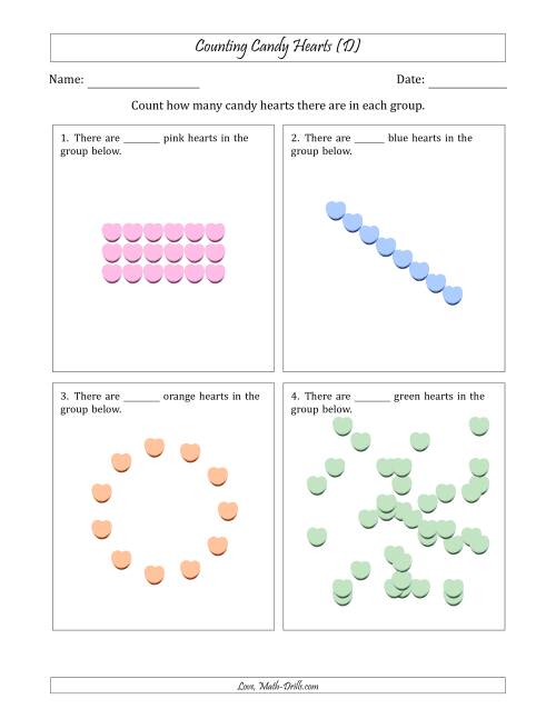 The Counting Candy Hearts in Various Arrangements (Harder Version) (D) Math Worksheet