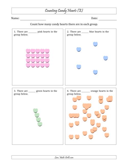 The Counting Candy Hearts in Various Arrangements (Harder Version) (E) Math Worksheet