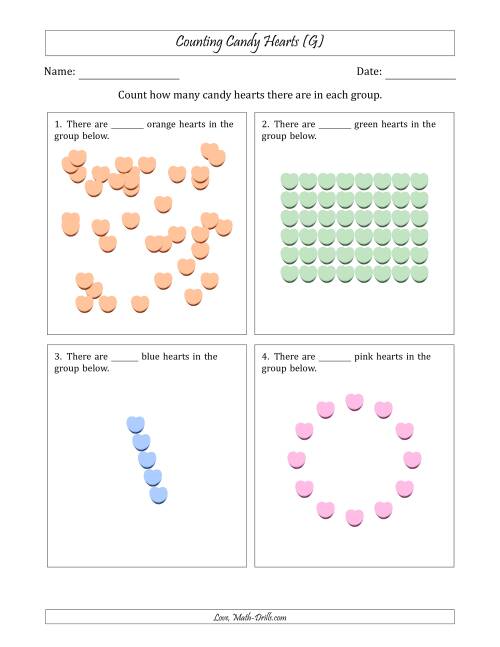 The Counting Candy Hearts in Various Arrangements (Harder Version) (G) Math Worksheet