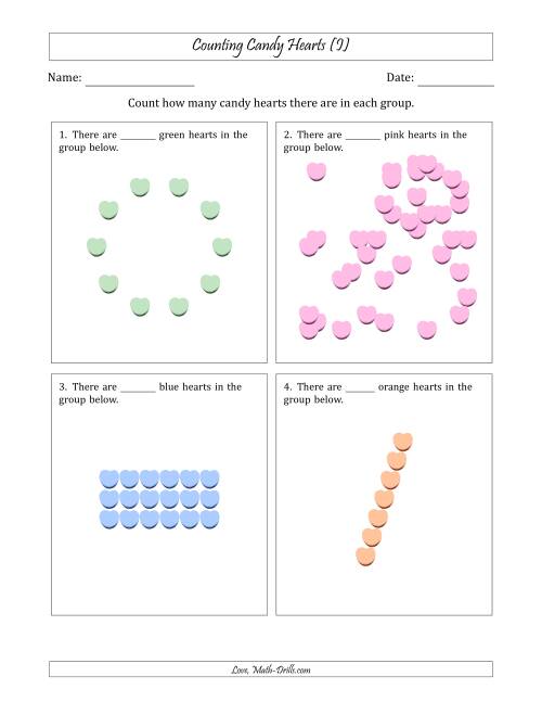 The Counting Candy Hearts in Various Arrangements (Harder Version) (I) Math Worksheet
