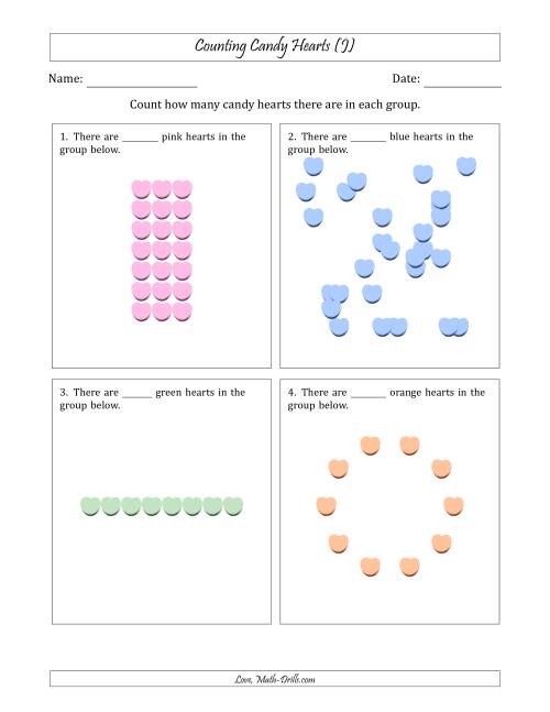 The Counting Candy Hearts in Various Arrangements (Harder Version) (J) Math Worksheet