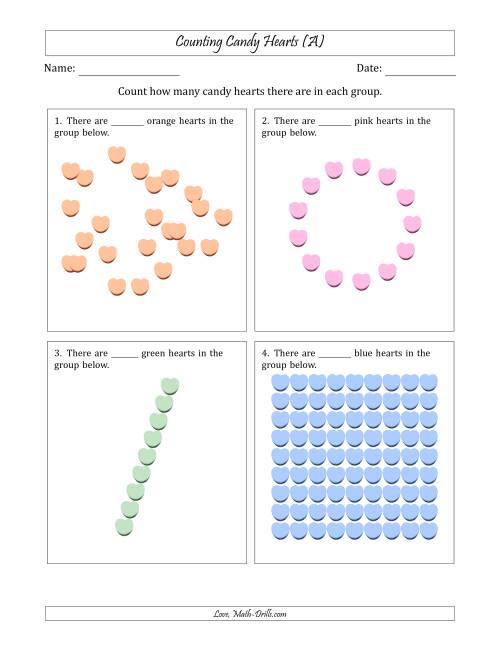 The Counting Candy Hearts in Various Arrangements (Harder Version) (All) Math Worksheet