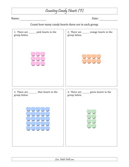The Counting Candy Hearts in Rectangular Arrangements (Maximum Dimension 5) (F) Math Worksheet