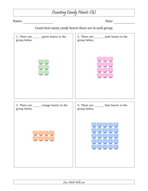 The Counting Candy Hearts in Rectangular Arrangements (Maximum Dimension 5) (G) Math Worksheet