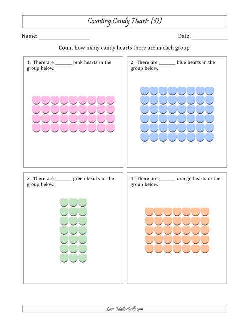 The Counting Candy Hearts in Rectangular Arrangements (Maximum Dimension 9) (D) Math Worksheet