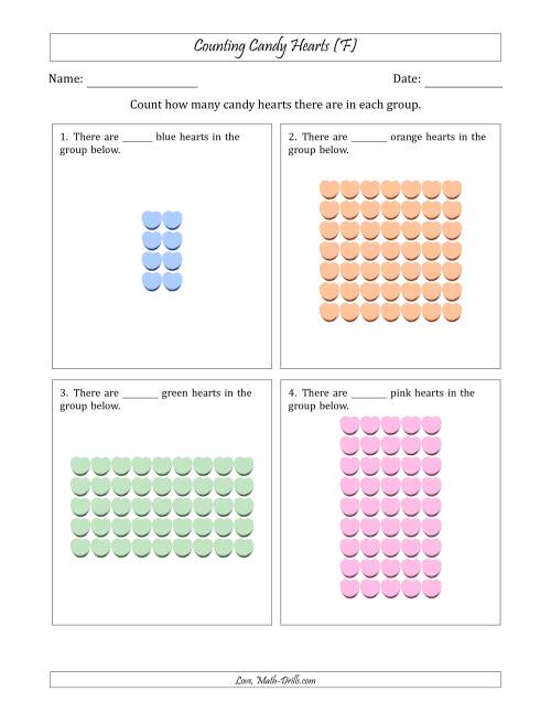 The Counting Candy Hearts in Rectangular Arrangements (Maximum Dimension 9) (F) Math Worksheet