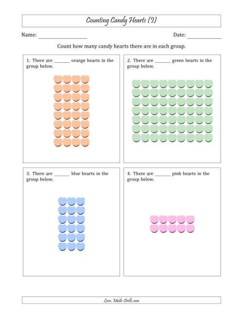 The Counting Candy Hearts in Rectangular Arrangements (Maximum Dimension 9) (I) Math Worksheet