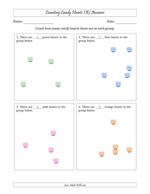 The Counting up to 10 Candy Hearts in Scattered Arrangements (A) Math Worksheet Page 2